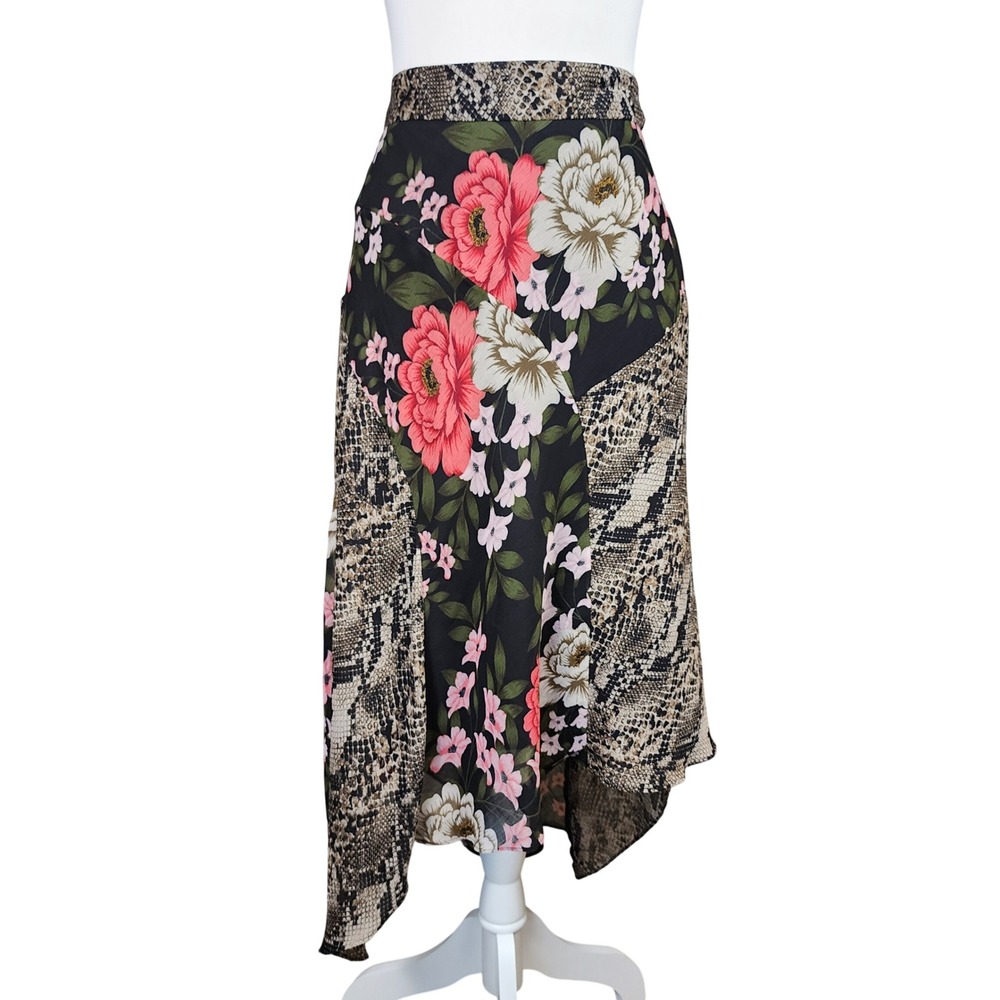 INC Midi Skirt Womens 16‎ Black Pink Floral Snakeskin Asymmetrical Boho Casual